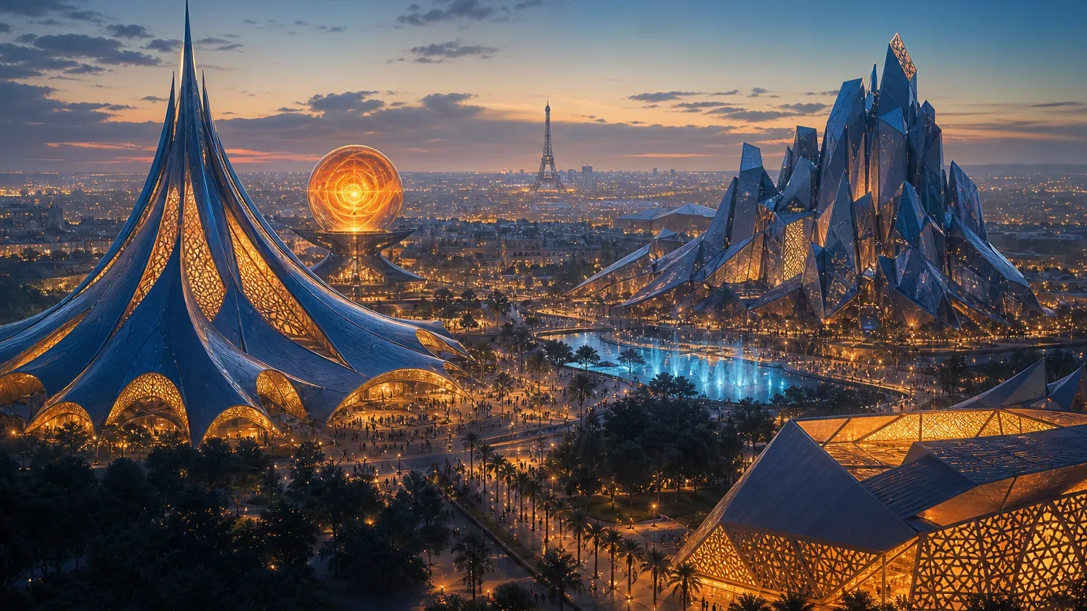 Koncepcyjna ilustracja kompleksu rozrywkowego planowanego pod Paryżem, z trzema symbolicznymi parkami i futurystyczną architekturą w wieczornym świetle.