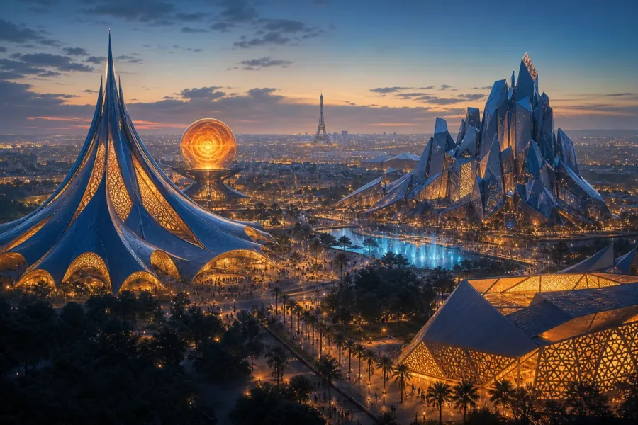 Koncepcyjna ilustracja kompleksu rozrywkowego planowanego pod Paryżem, z trzema symbolicznymi parkami i futurystyczną architekturą w wieczornym świetle.