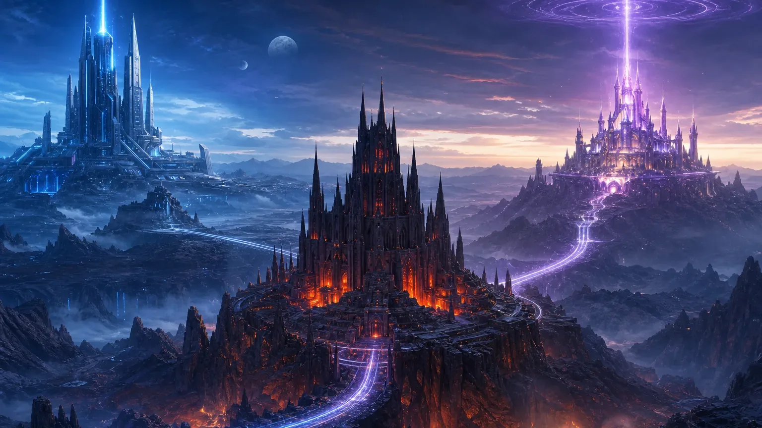 Koncepcyjna ilustracja łącząca futurystyczny krajobraz, mroczne sanktuarium i fantastyczną cytadelę.