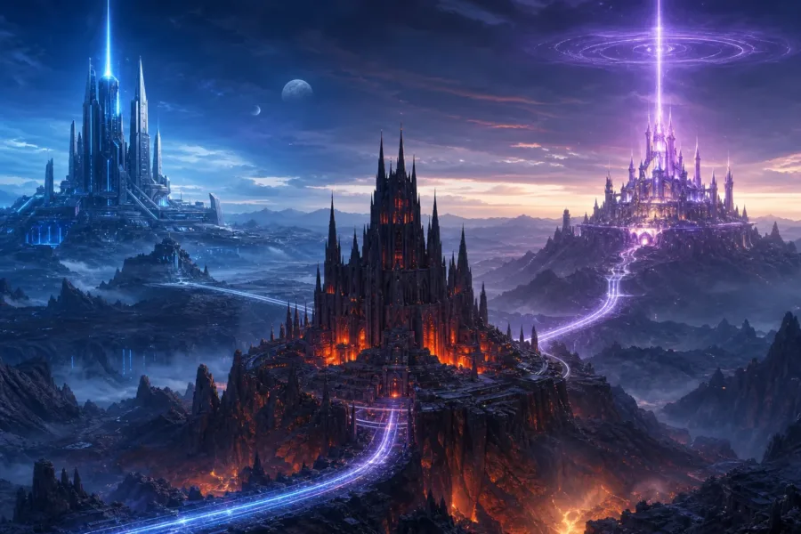 Koncepcyjna ilustracja łącząca futurystyczny krajobraz, mroczne sanktuarium i fantastyczną cytadelę.