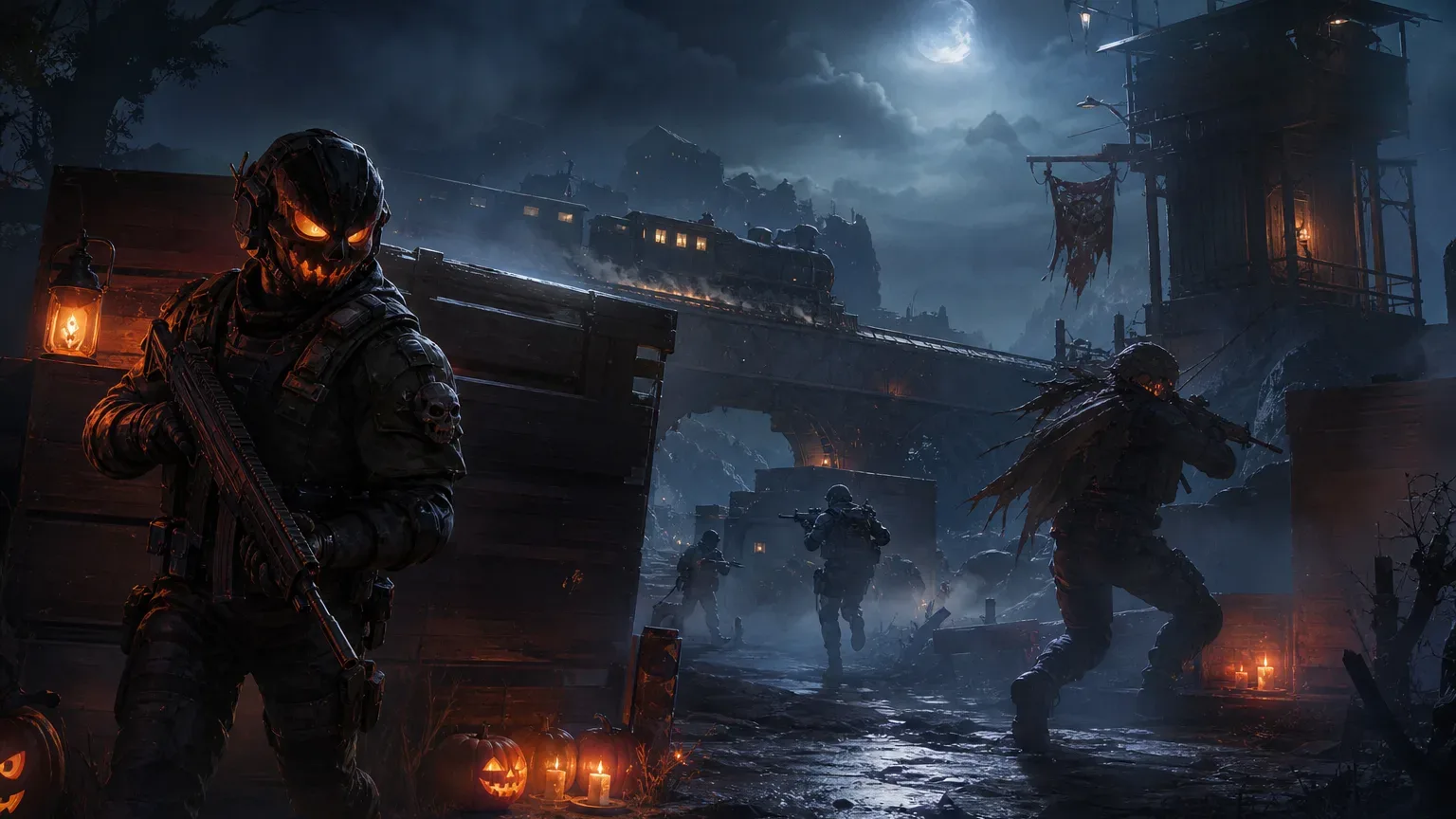 Koncepcyjna nocna scena inspirowana halloweenową aktualizacją gry akcji.