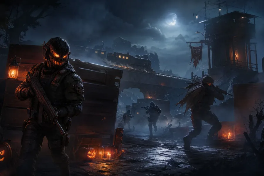 Koncepcyjna nocna scena inspirowana halloweenową aktualizacją gry akcji.