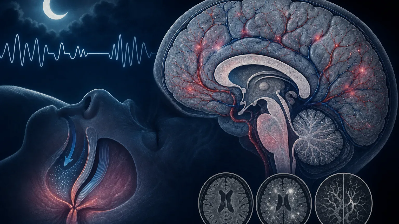 Ilustracja naukowa przedstawiająca związek bezdechu sennego z markerami choroby małych naczyń mózgu widocznymi w MRI.