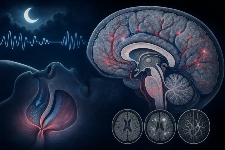 Ilustracja naukowa przedstawiająca związek bezdechu sennego z markerami choroby małych naczyń mózgu widocznymi w MRI.