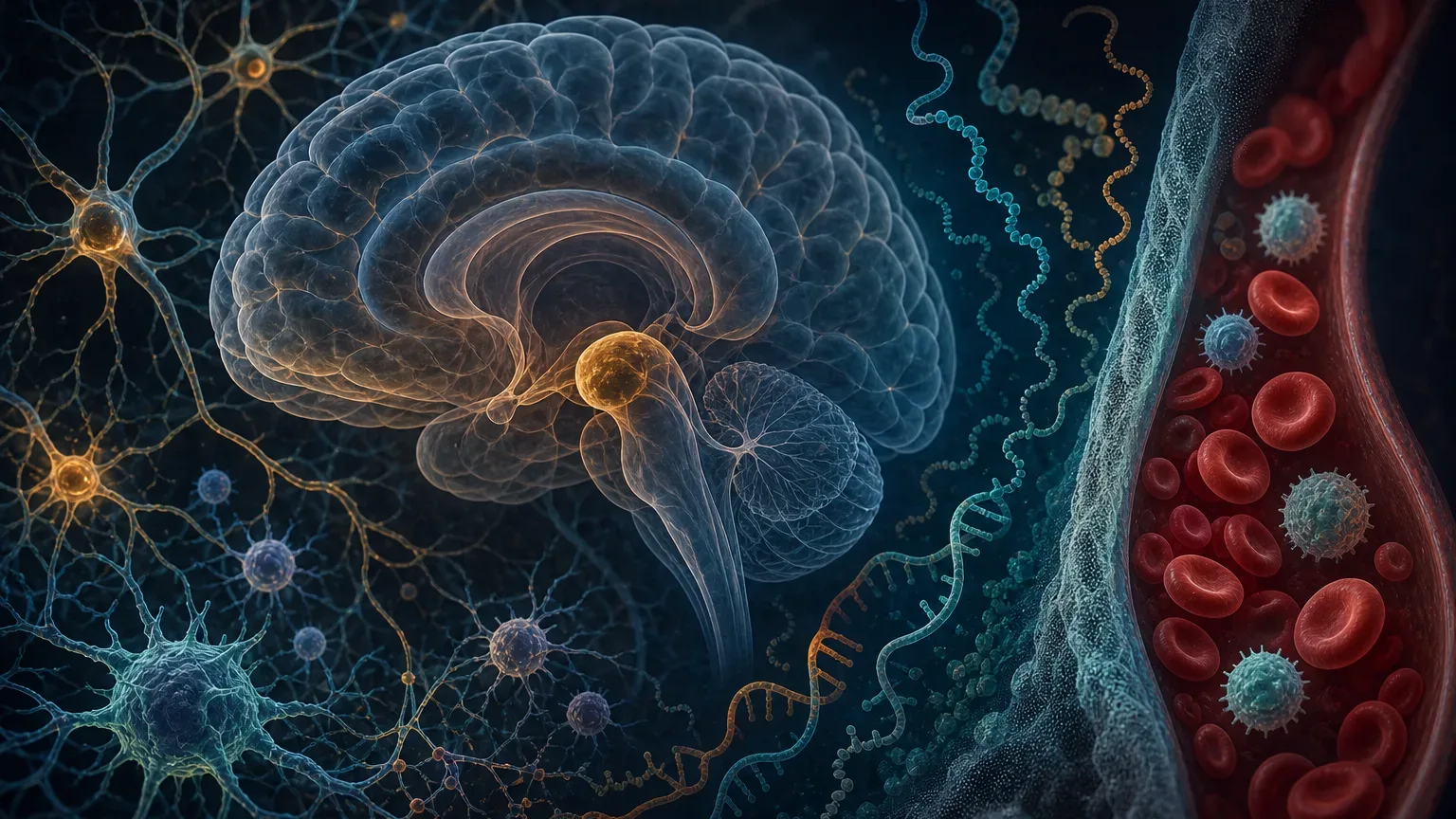 Ilustracja naukowa mózgu, neuronów, komórek odpornościowych i abstrakcyjnych struktur RNA, pokazująca różnicę między sygnałem z krwi a tkanką mózgową.