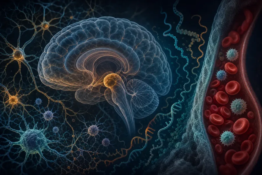 Ilustracja naukowa mózgu, neuronów, komórek odpornościowych i abstrakcyjnych struktur RNA, pokazująca różnicę między sygnałem z krwi a tkanką mózgową.