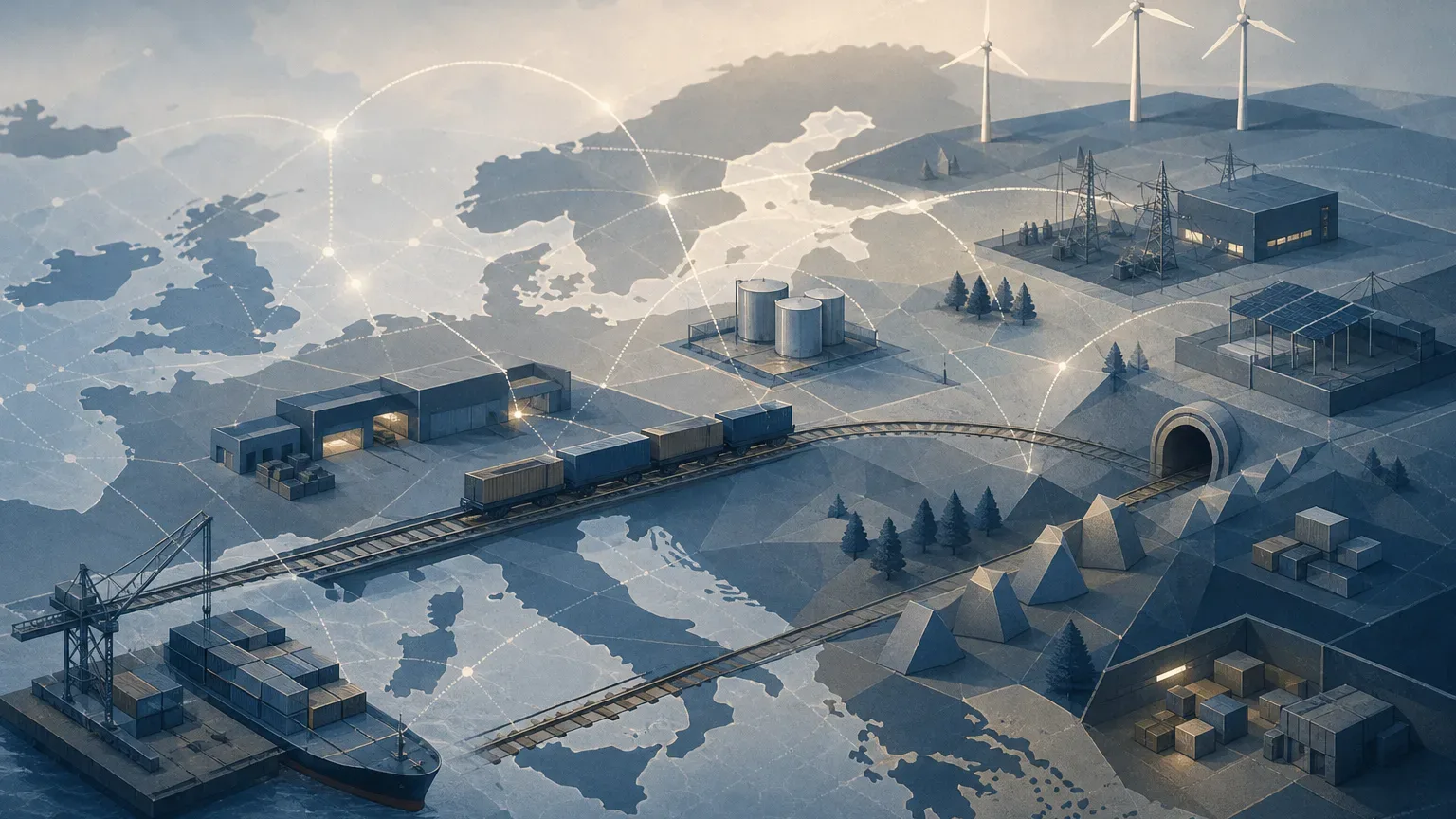 Koncepcyjna ilustracja infrastruktury, logistyki i przemysłu związanych z gotowością obronną Europy.