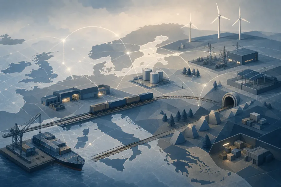 Koncepcyjna ilustracja infrastruktury, logistyki i przemysłu związanych z gotowością obronną Europy.