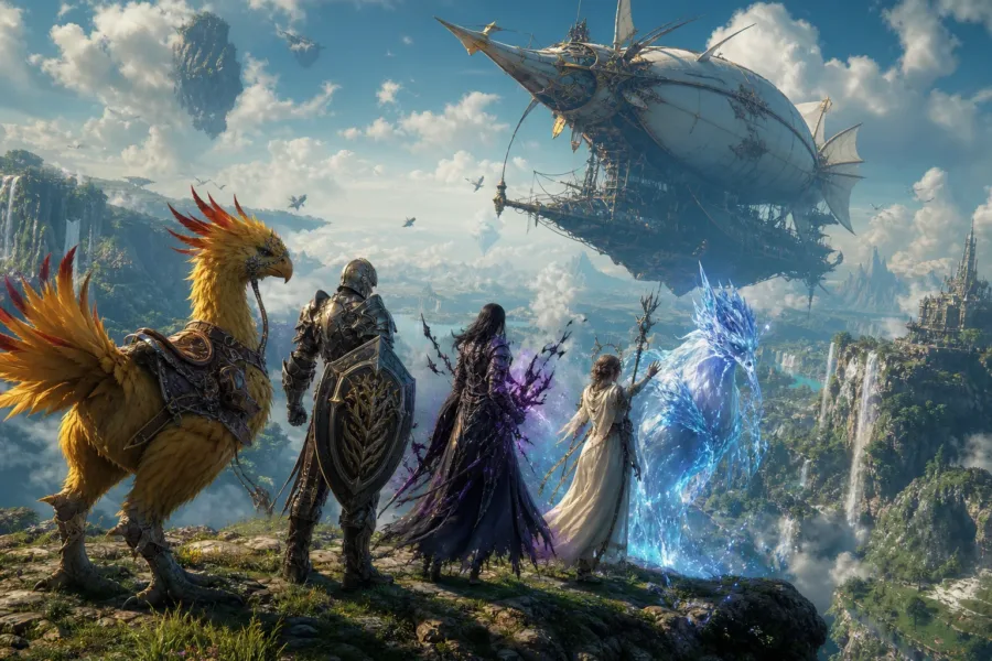 Koncepcyjna ilustracja otwartego świata RPG z futurystycznym sterowcem i chocobo