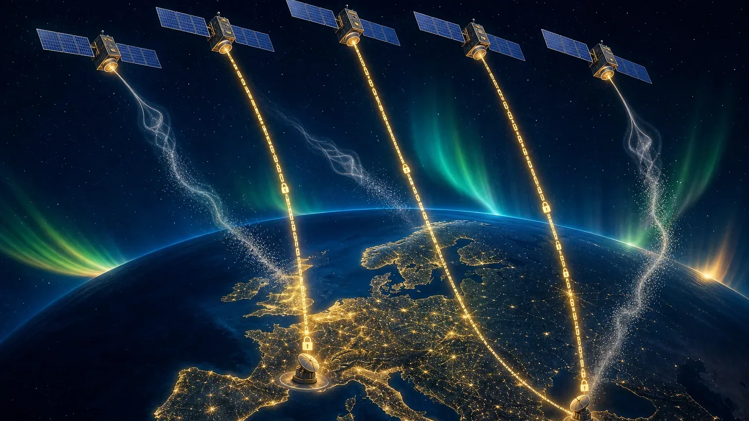 Koncepcyjna ilustracja pięciu satelitów nad Europą i odbiorników odrzucających fałszywe sygnały nawigacyjne.