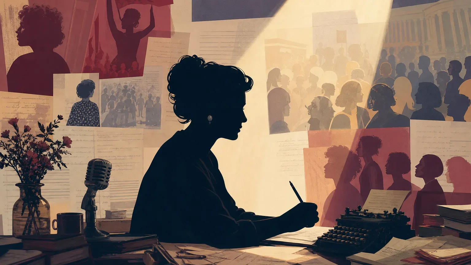 Koncepcyjna ilustracja przedstawiająca dziennikarskie i społeczne dziedzictwo Glorii Steinem
