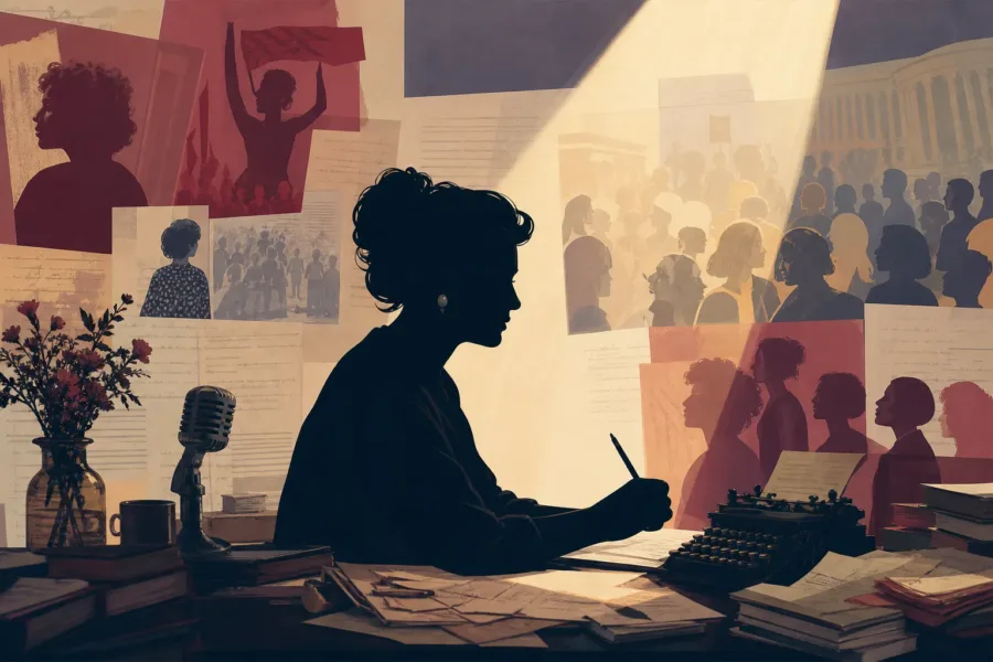 Koncepcyjna ilustracja przedstawiająca dziennikarskie i społeczne dziedzictwo Glorii Steinem