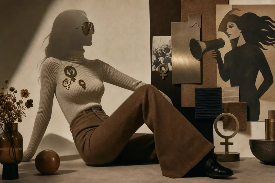Koncepcyjna kompozycja inspirowana stylem Glorii Steinem: okulary aviator, golf, dzwony i metalowe przypinki.