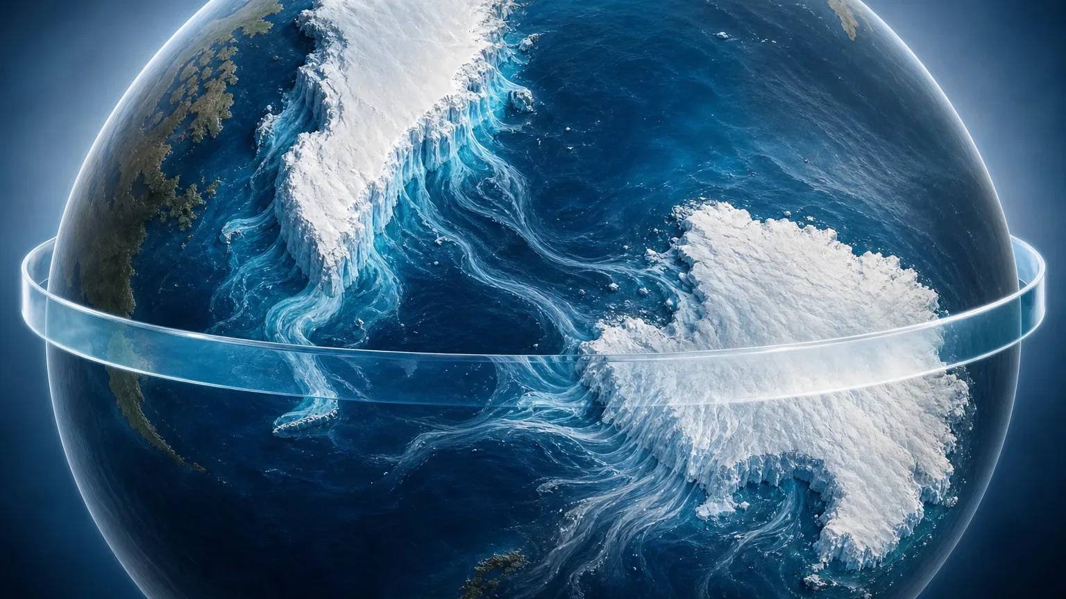 Ilustracja przedstawiająca lądolody Grenlandii i Antarktydy oraz strumienie lodu spływające do oceanu.