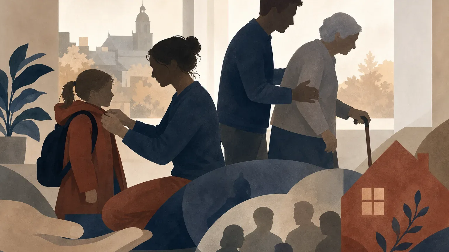 Koncepcyjna ilustracja przedstawiająca dorosłą osobę wspierającą dziecko i starszego członka rodziny.