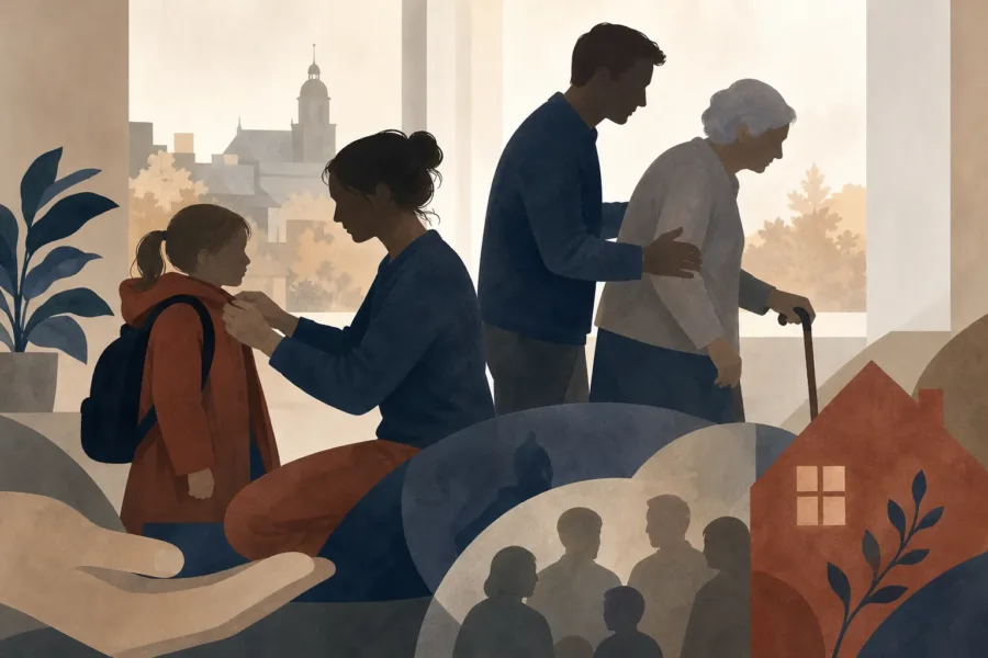 Koncepcyjna ilustracja przedstawiająca dorosłą osobę wspierającą dziecko i starszego członka rodziny.