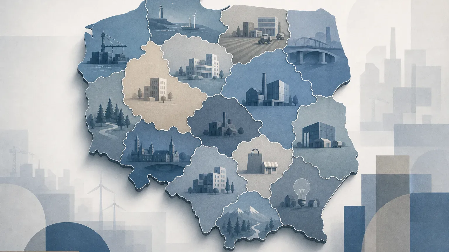 Koncepcyjna ilustracja regionalnego zróżnicowania koniunktury przedsiębiorstw w Polsce.