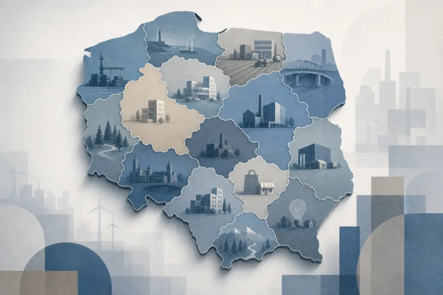 Koncepcyjna ilustracja regionalnego zróżnicowania koniunktury przedsiębiorstw w Polsce.
