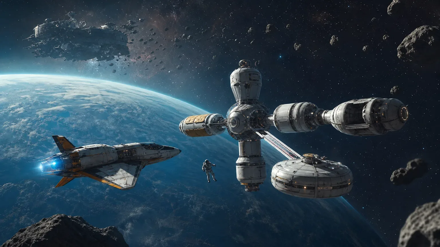 Koncepcyjna ilustracja statku, orbitalnej bazy i astronauty unoszącego się nad planetą.