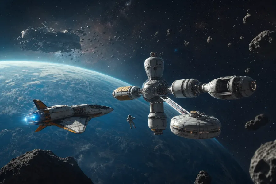 Koncepcyjna ilustracja statku, orbitalnej bazy i astronauty unoszącego się nad planetą.