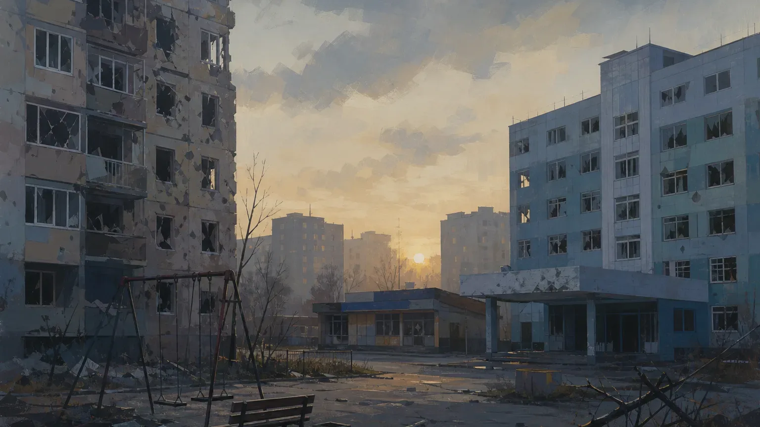 Koncepcyjna ilustracja zniszczonej miejskiej zabudowy i obiektów cywilnych w Ukrainie.