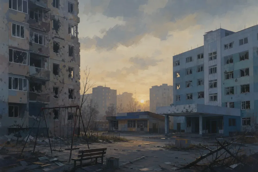 Koncepcyjna ilustracja zniszczonej miejskiej zabudowy i obiektów cywilnych w Ukrainie.