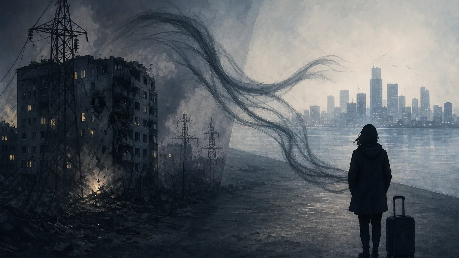 Koncepcyjna ilustracja uszkodzonej infrastruktury energetycznej i osoby przebywającej za granicą.
