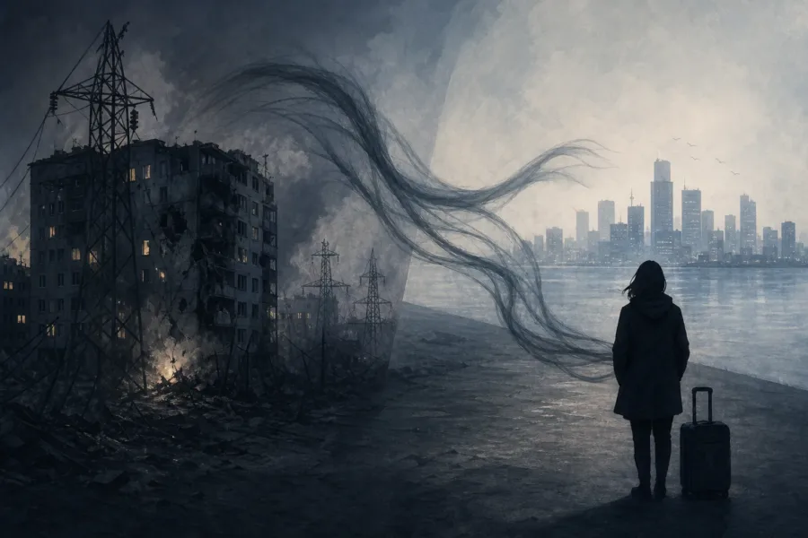 Koncepcyjna ilustracja uszkodzonej infrastruktury energetycznej i osoby przebywającej za granicą.