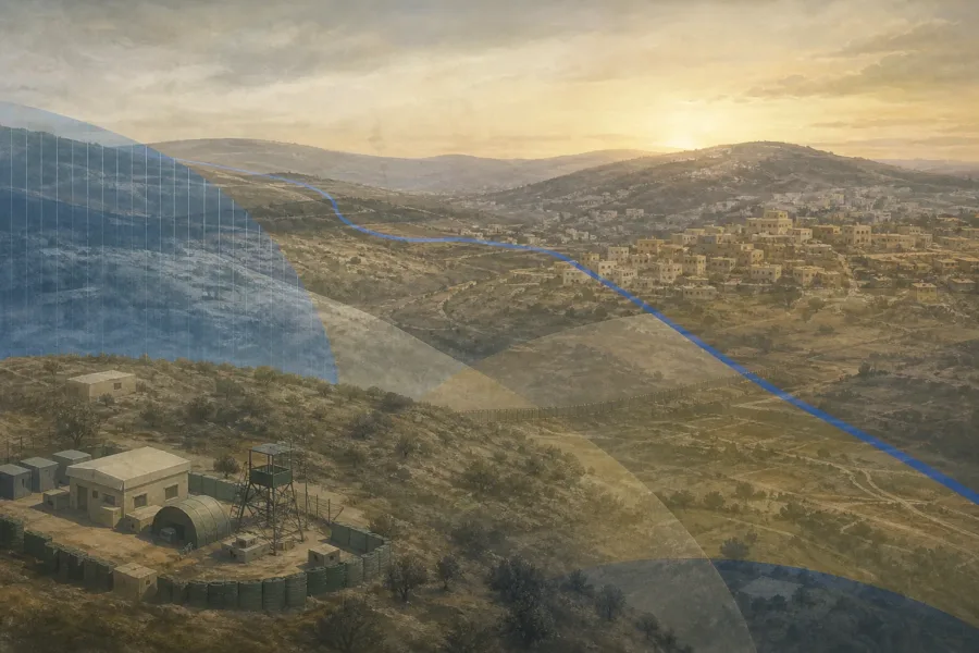 Koncepcyjna ilustracja południowego Libanu z subtelną linią graniczną i elementami symbolizującymi dyplomację ONZ.