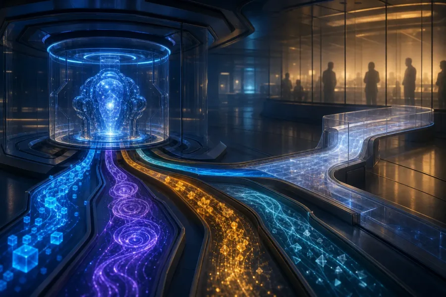 Koncepcyjna ilustracja systemu AI z sześcioma ścieżkami wykrytych anomalii prowadzącymi do procesu kontroli.