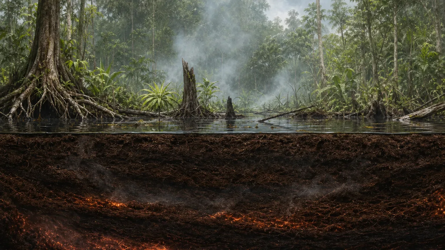 Ilustracja przekroju przez las bagienny na Borneo z warstwą torfu tlącą się pod powierzchnią.
