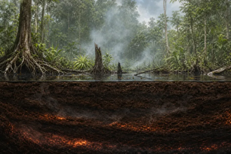 Ilustracja przekroju przez las bagienny na Borneo z warstwą torfu tlącą się pod powierzchnią.