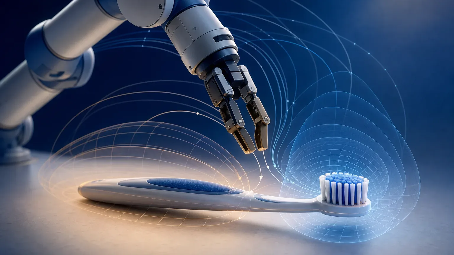 Ilustracja robotycznego ramienia przy szczoteczce z abstrakcyjną mapą miejsc interakcji i liniami trajektorii ruchu.