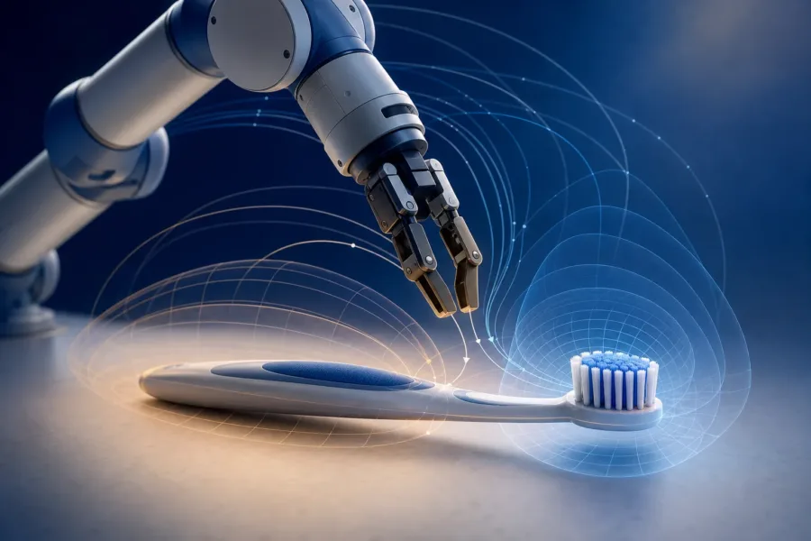 Ilustracja robotycznego ramienia przy szczoteczce z abstrakcyjną mapą miejsc interakcji i liniami trajektorii ruchu.