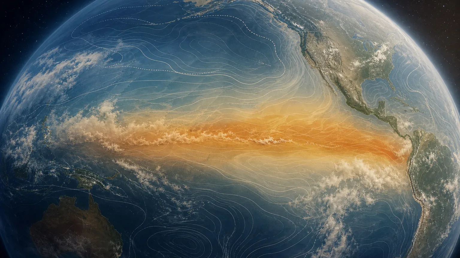 Ilustracja Ziemi z subtelnie zaznaczonymi ciepłymi obszarami atmosfery nad tropikalnym Pacyfikiem.