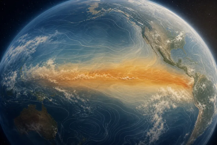 Ilustracja Ziemi z subtelnie zaznaczonymi ciepłymi obszarami atmosfery nad tropikalnym Pacyfikiem.