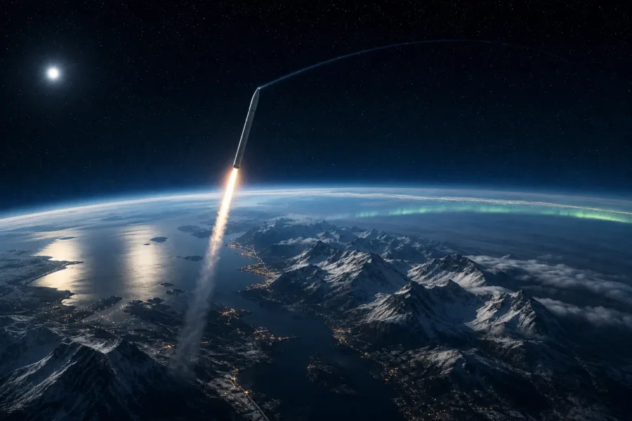 Koncepcyjna ilustracja rakiety wznoszącej się nad norweskim wybrzeżem ku orbicie.