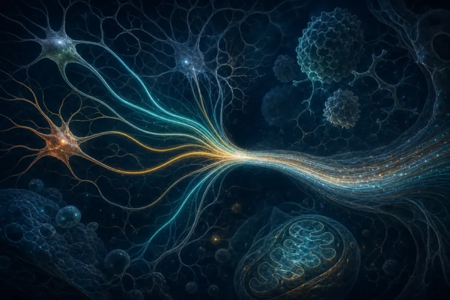 Ilustracja naukowa przedstawiająca abstrakcyjną sieć biologiczną, w której kilka świetlnych procesów zbiega się w jeden uporządkowany układ.