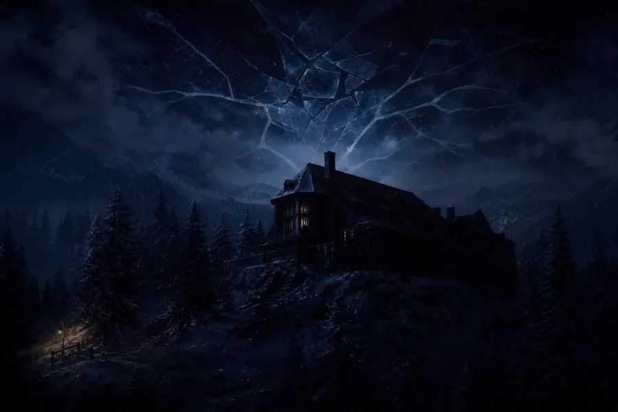 Koncepcyjna nocna scena ośnieżonego górskiego domku otoczonego lasem.