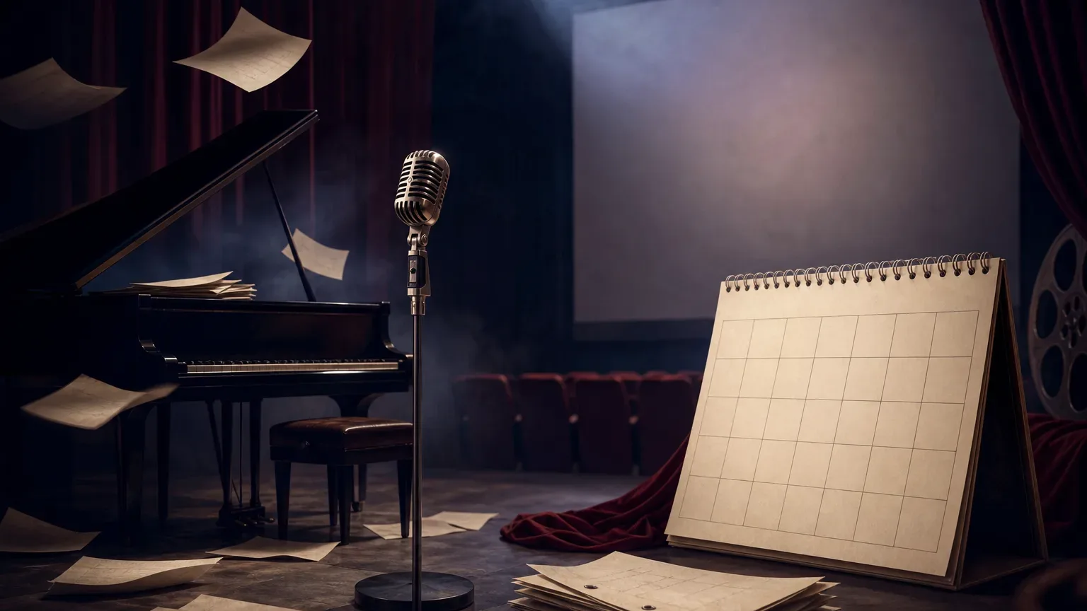 Koncepcyjna scena z fortepianem, mikrofonem i pustym kalendarzem, symbolizująca opóźniony film muzyczny.