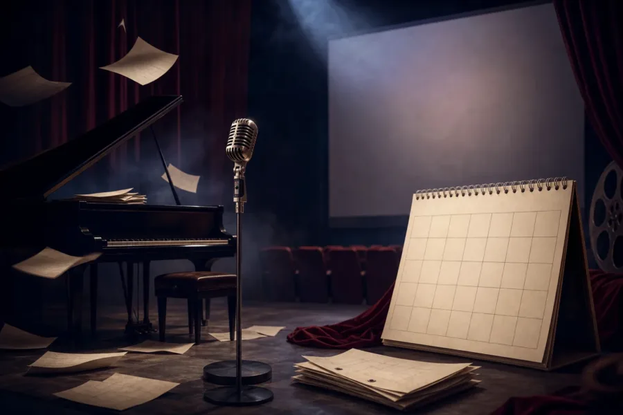 Koncepcyjna scena z fortepianem, mikrofonem i pustym kalendarzem, symbolizująca opóźniony film muzyczny.