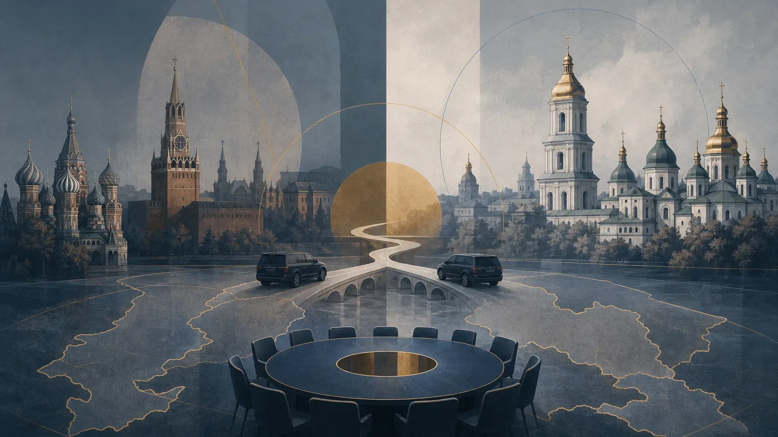 Koncepcyjna ilustracja przedstawiająca dyplomatyczne połączenie między Moskwą a Kijowem.