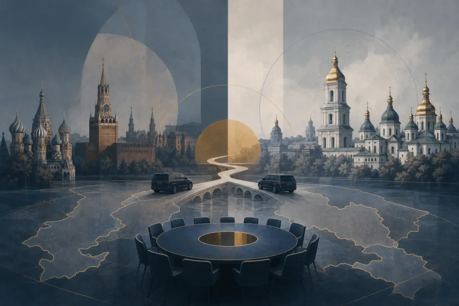 Koncepcyjna ilustracja przedstawiająca dyplomatyczne połączenie między Moskwą a Kijowem.