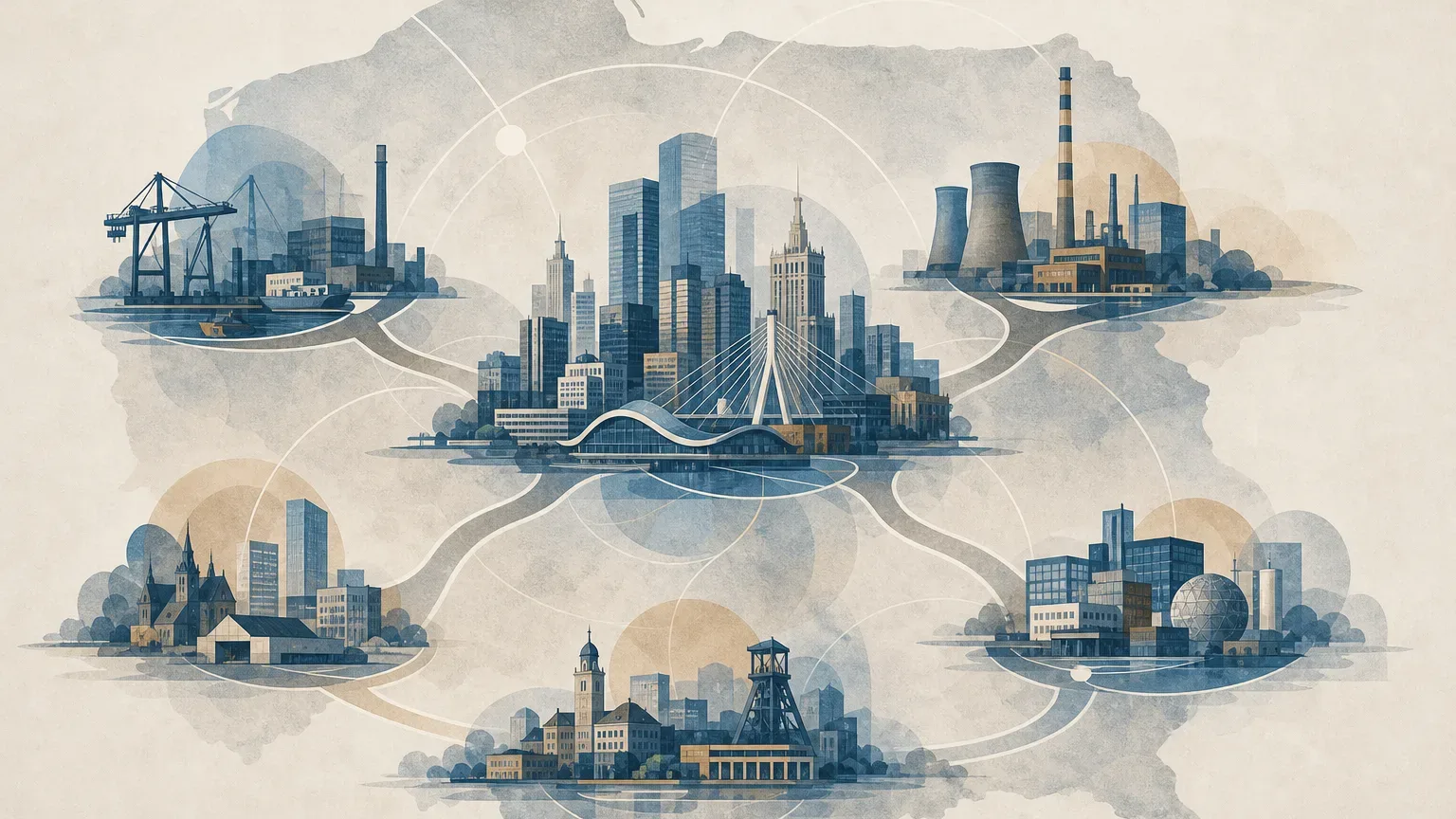 Koncepcyjna ilustracja pięciu regionów współtworzących największą część polskiego PKB.