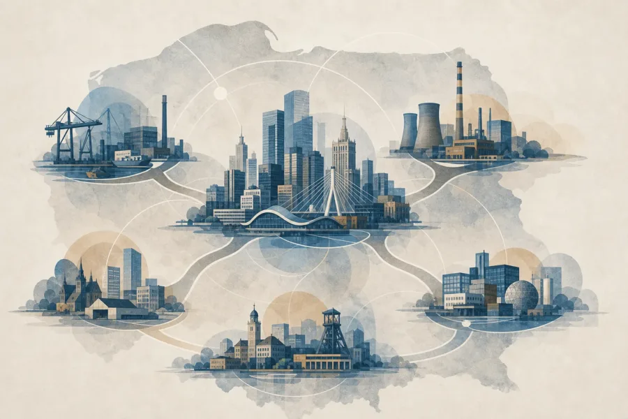 Koncepcyjna ilustracja pięciu regionów współtworzących największą część polskiego PKB.